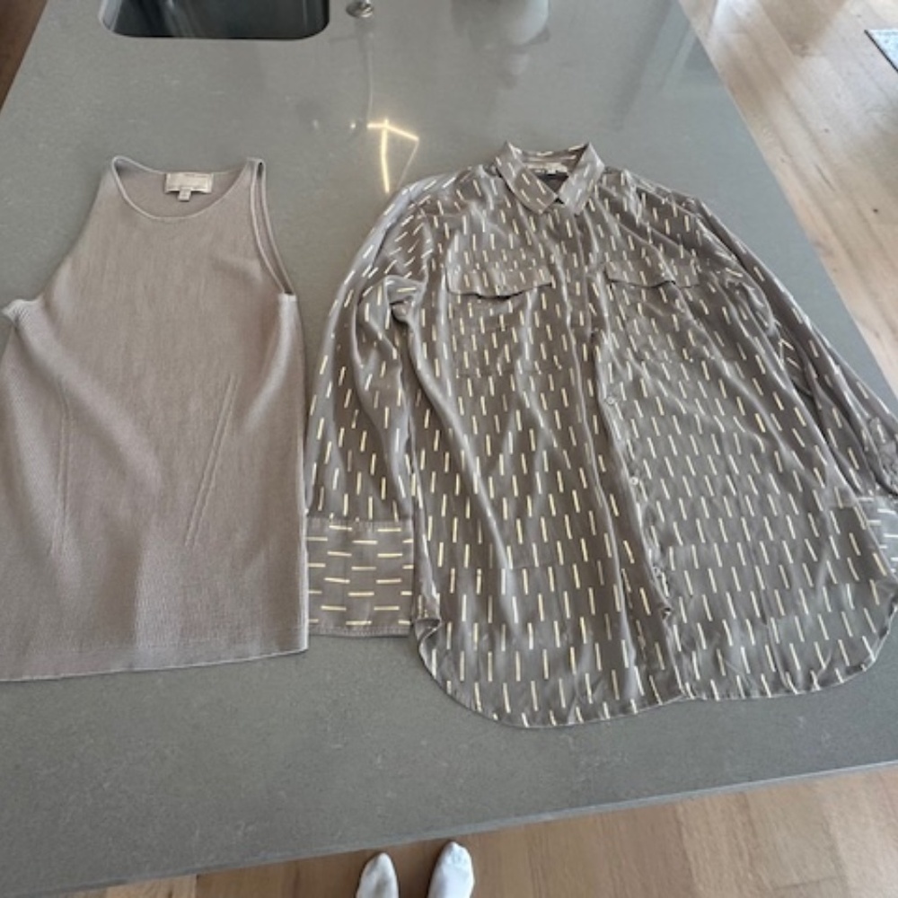 Banana Republic Sz L 2 Piece Taupe and Gold Blouse and Sweater Tank Barely worn